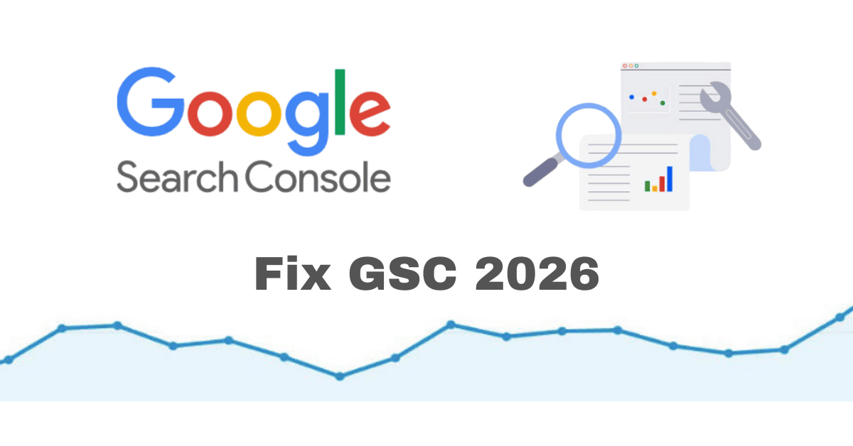 Conceptual interface of Google Search Console with 2026 SEO metrics and data visualizations