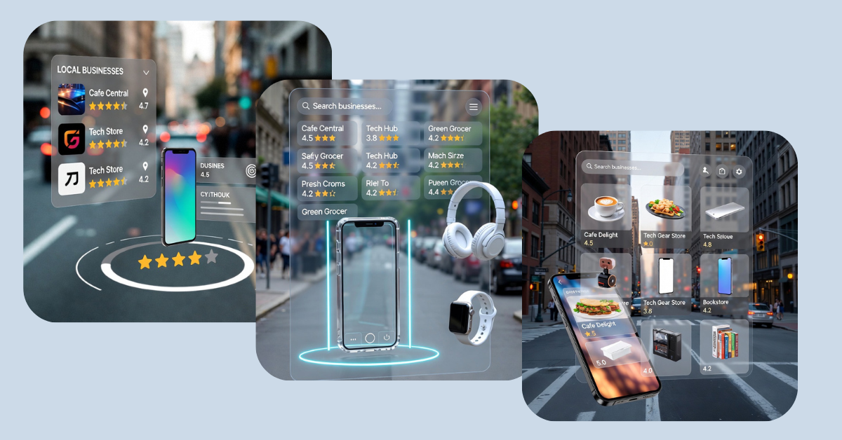 Augmented reality interface showing local business ratings and 3D product previews overlaid on a city street