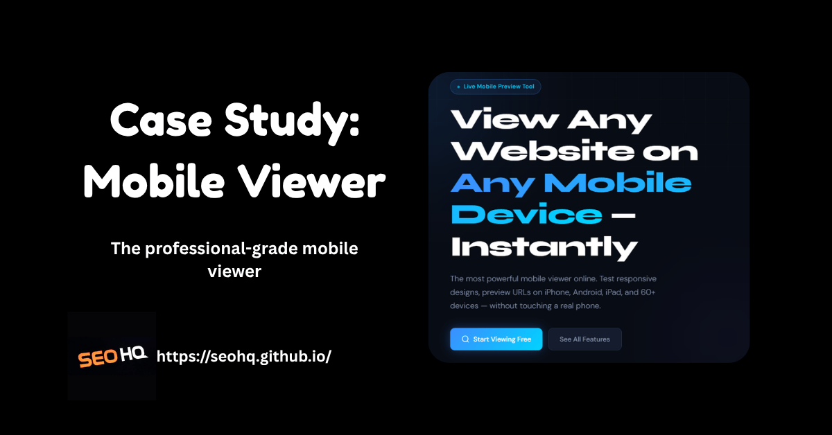 Mobile Viewer tool dashboard showing multiple device previews with live URL testing, SEO performance metrics, and Google ranking growth chart overlay