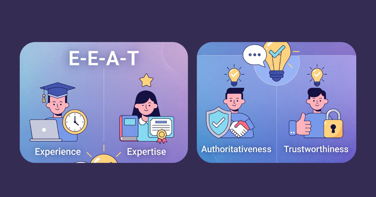 E-E-A-T concept diagram showing Experience, Expertise, Authoritativeness, and Trust