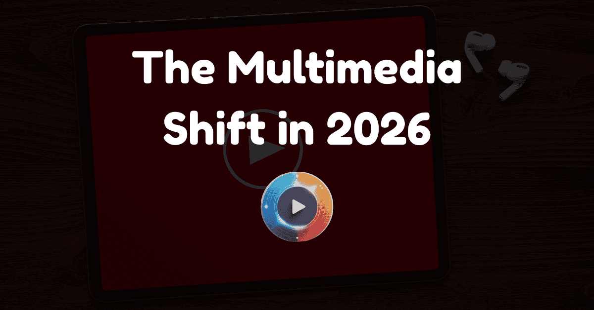 Dynamic visualization of video play buttons, audio waves, and SEO growth charts